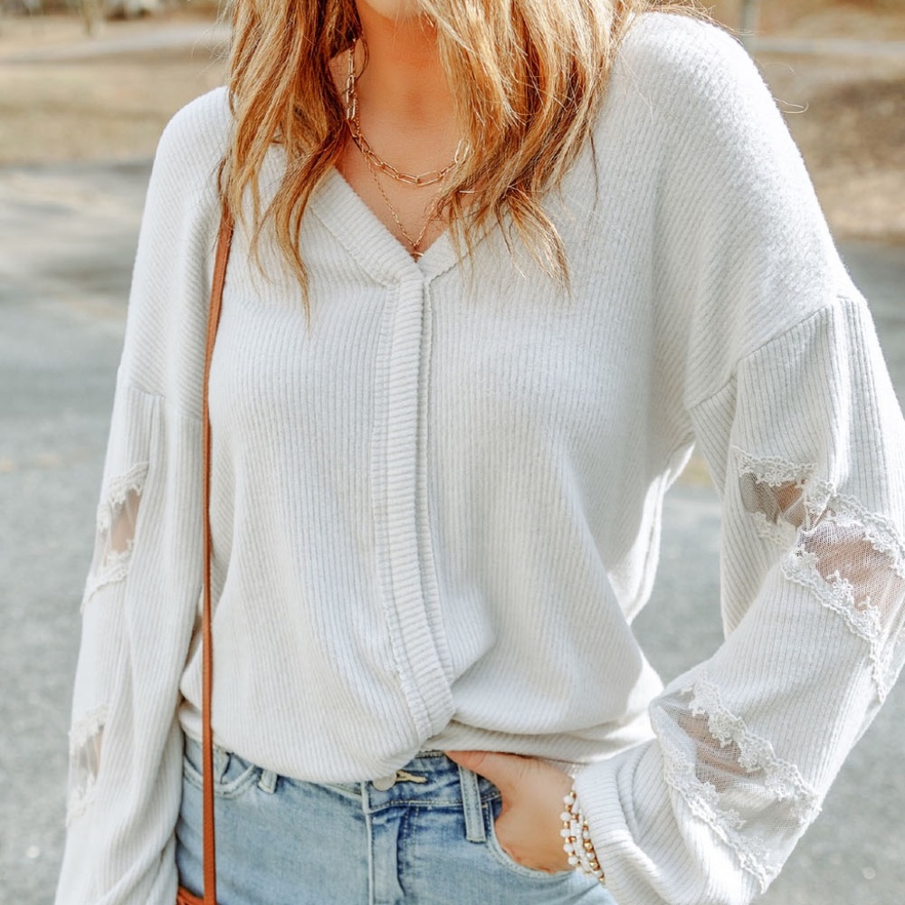 White Lace Patchwork Drop Sleeve Ribbed Casual Top